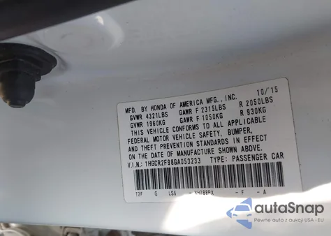 2016 Honda Accord Ex-L из США, поврежденный, VIN 1HGCR2F98GA053233